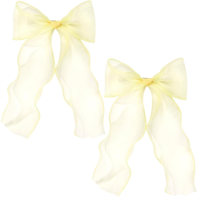 STSTR 2Pcs Large Hair Bow Clips, Yellow Silk Yarn Ribbon Bow Hair Barrette for Women, Elegant Long Tail Bowknot French Hair Accessories for Wedding, Parties, Festivals - Style 4 - Image 1
